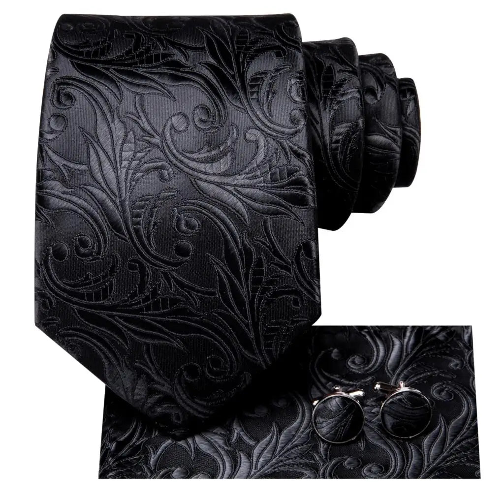 Black Floral Wedding Tie For Men Handky Cufflink Elegant Necktie For Men Fashion Designer Business Party Dropshiping silk
