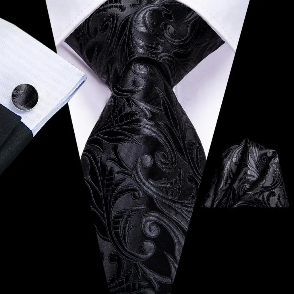 Black Floral Wedding Tie For Men Handky Cufflink Elegant Necktie For Men Fashion Designer Business Party Dropshiping silk