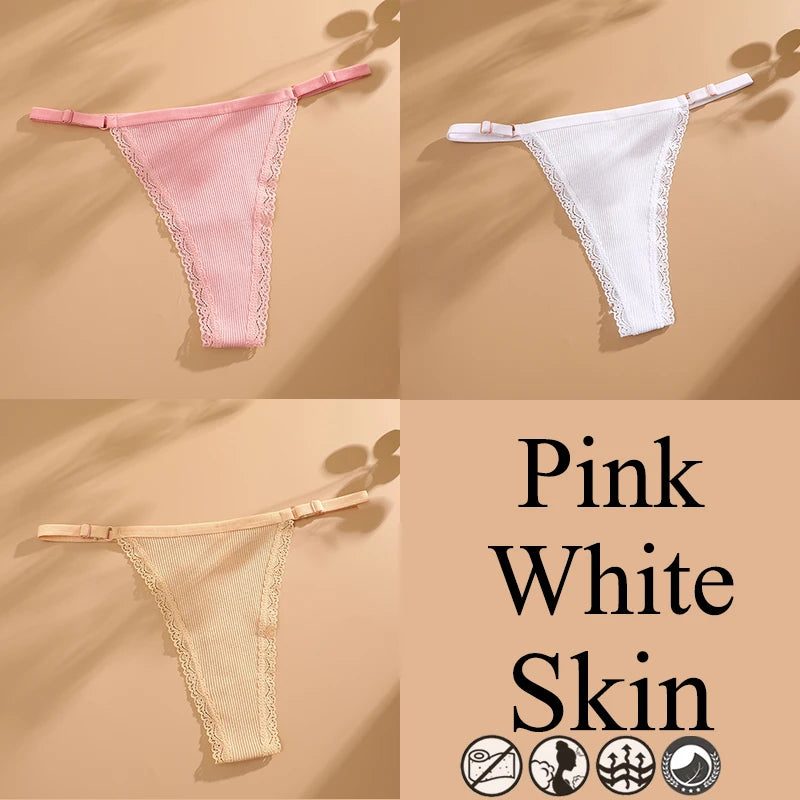 3Pcs G-String Cotton Lace Women Thongs Lingerie Low Rise Panties Adjustable Waistband Straps Hipster Underwear Female Intimates