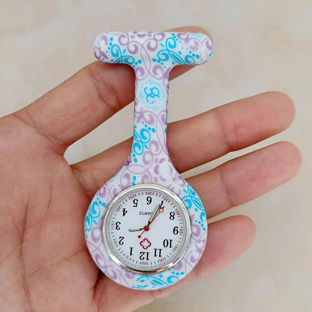 Fashion Women Flowers Patterned Printing Solid Silicone Pin Brooch Nurse Doctor Hospital FOB Hanging Clock Watch Pocket Watches