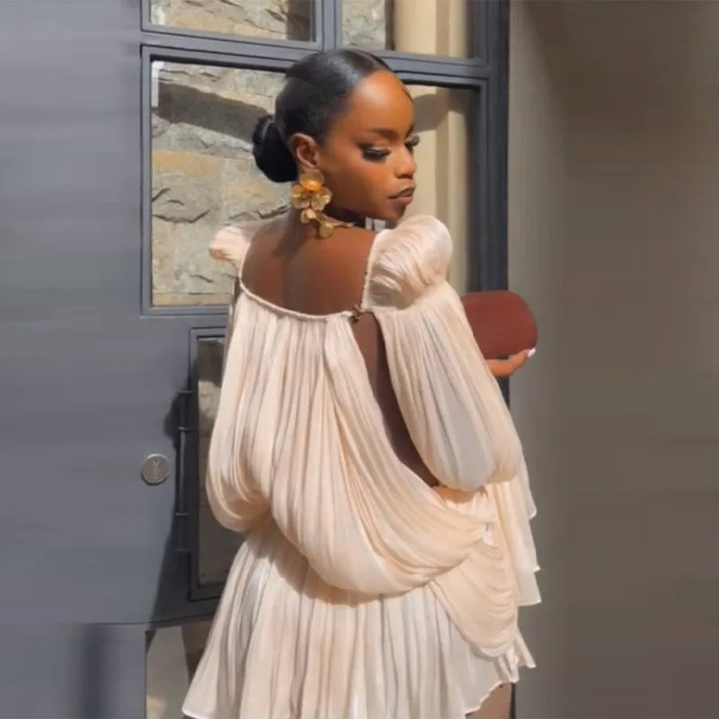 Satin Off-Shoulder Pleated Mini Dress for Women Fashion Puff Sleeve  Cinched Waist Prom Party Skirt 2026 NEW Spring Lady Dresses