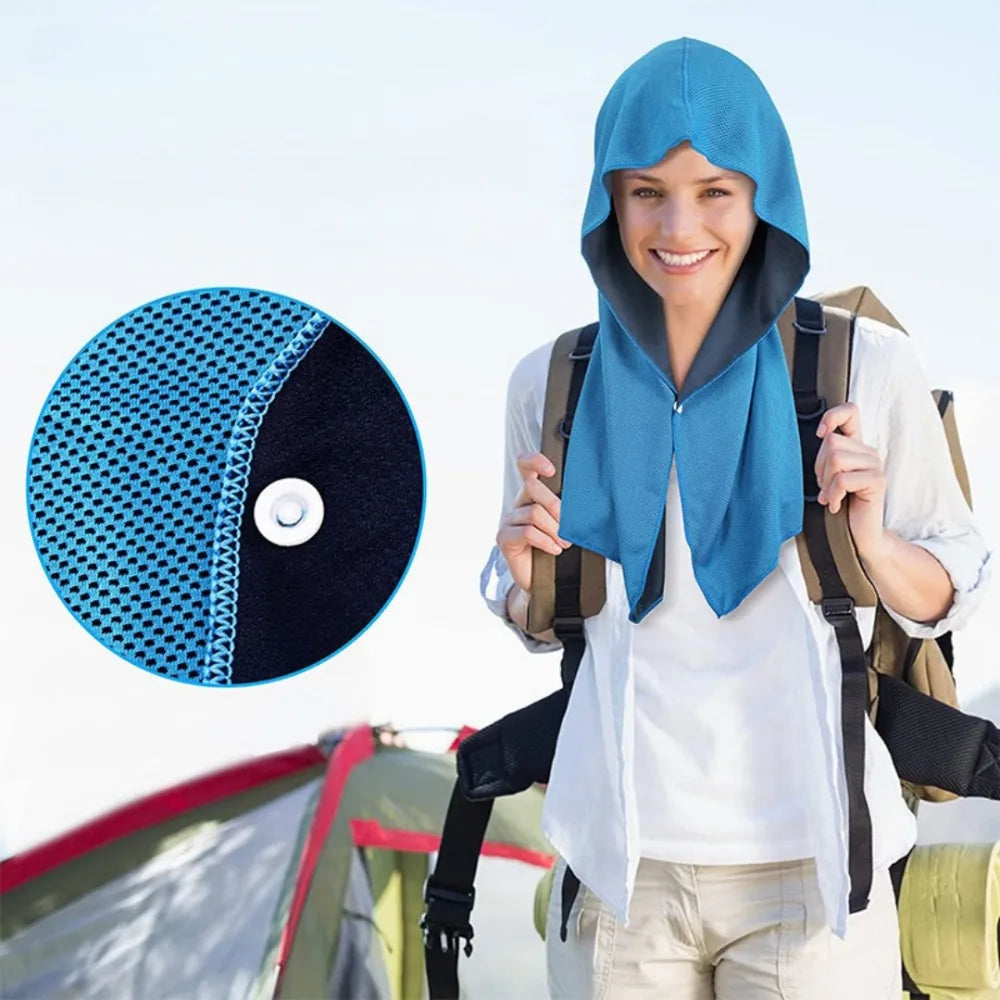 Toalla refrescante con capucha para verano, protección solar, aislamiento y secado rápido, pañuelo con botones para senderismo, pesca, deportes al aire libre y playa