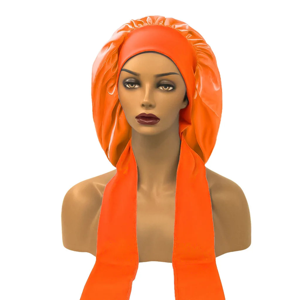 Women Satin Widened Sleep Hat Night Sleep Cap with Long Streamer Hair Care Bonnet Nightcap Elastic Cap De Nuit Shower Turban
