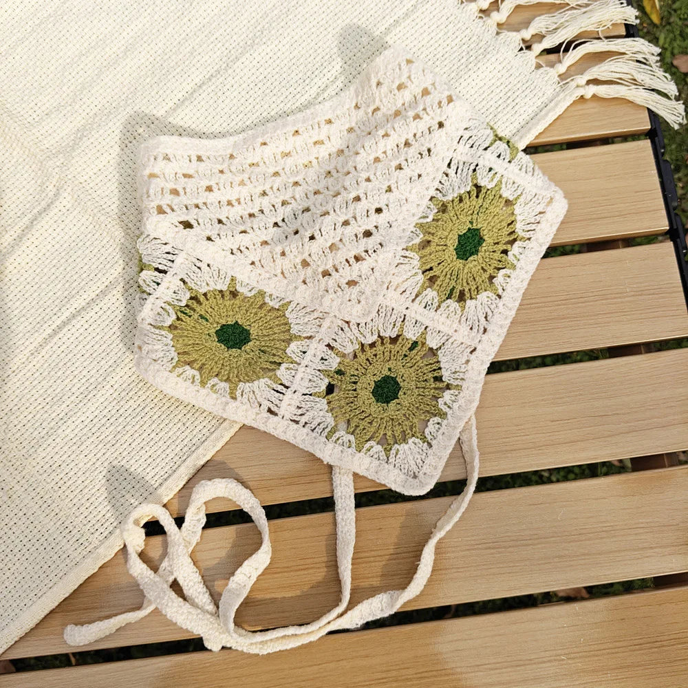 Knitted Headband Handmade Crochet Hair Scarf Hollow Out Triangle Headscarf Hair Accessories Sweet Vintage Soft Floral Bandana