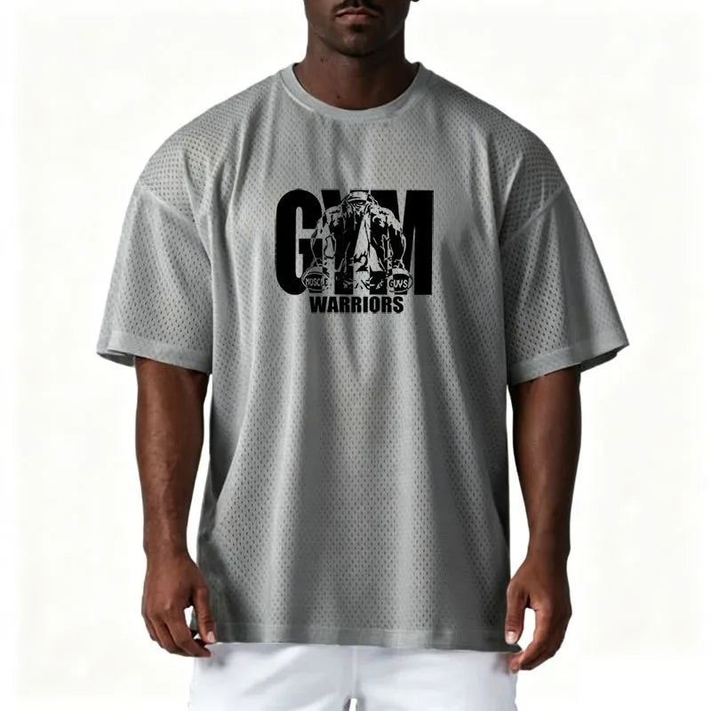 Camiseta deportiva casual de manga corta holgada de talla grande para hombre, gimnasio, culturismo, fitness, malla de verano de secado rápido, ropa transpirable