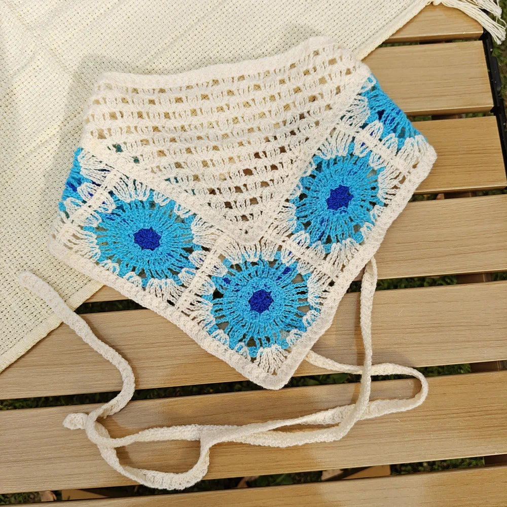 Knitted Headband Handmade Crochet Hair Scarf Hollow Out Triangle Headscarf Hair Accessories Sweet Vintage Soft Floral Bandana