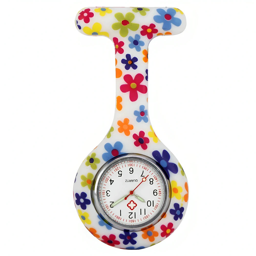 Fashion Women Flowers Patterned Printing Solid Silicone Pin Brooch Nurse Doctor Hospital FOB Hanging Clock Watch Pocket Watches
