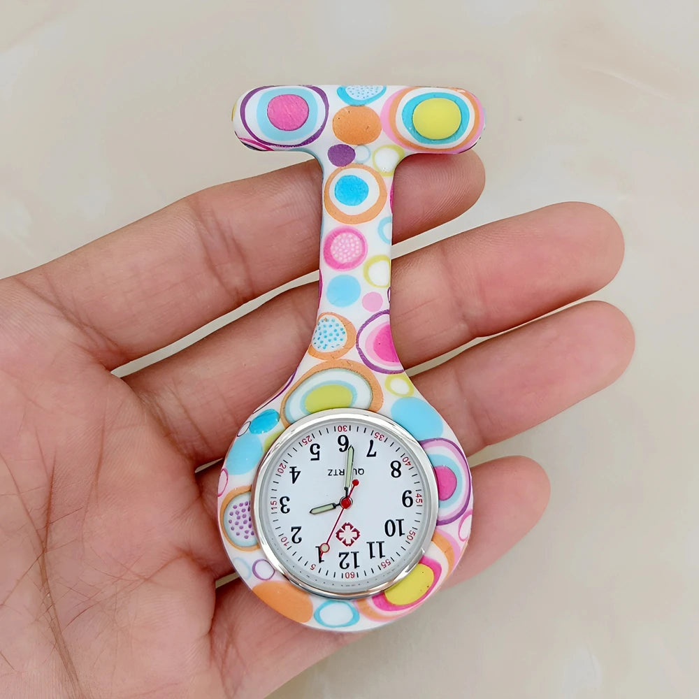 Fashion Women Flowers Patterned Printing Solid Silicone Pin Brooch Nurse Doctor Hospital FOB Hanging Clock Watch Pocket Watches