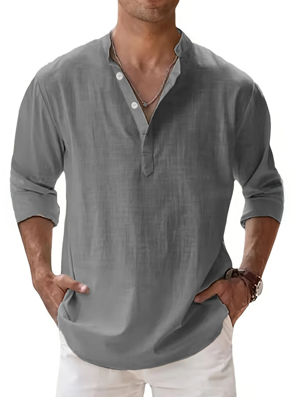 Camisa de manga larga con cuello henley y mezcla de lino para hombre, prenda superior casual de tapeta parcial transpirable para uso diario, vacaciones y playa