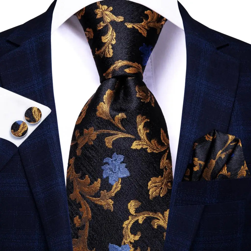 Black Floral Wedding Tie For Men Handky Cufflink Elegant Necktie For Men Fashion Designer Business Party Dropshiping silk