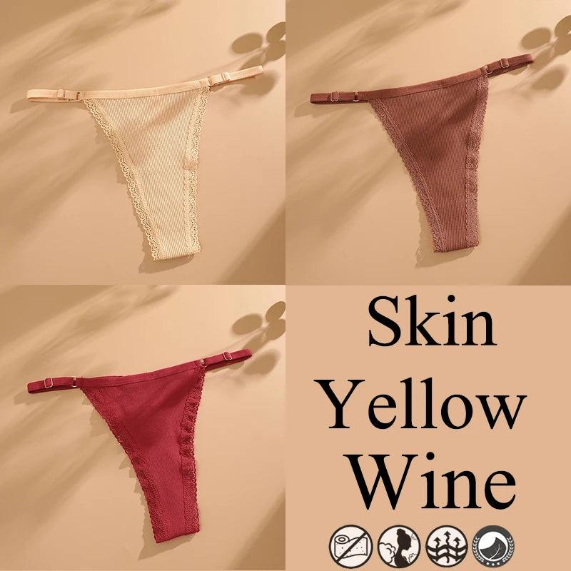 3Pcs G-String Cotton Lace Women Thongs Lingerie Low Rise Panties Adjustable Waistband Straps Hipster Underwear Female Intimates