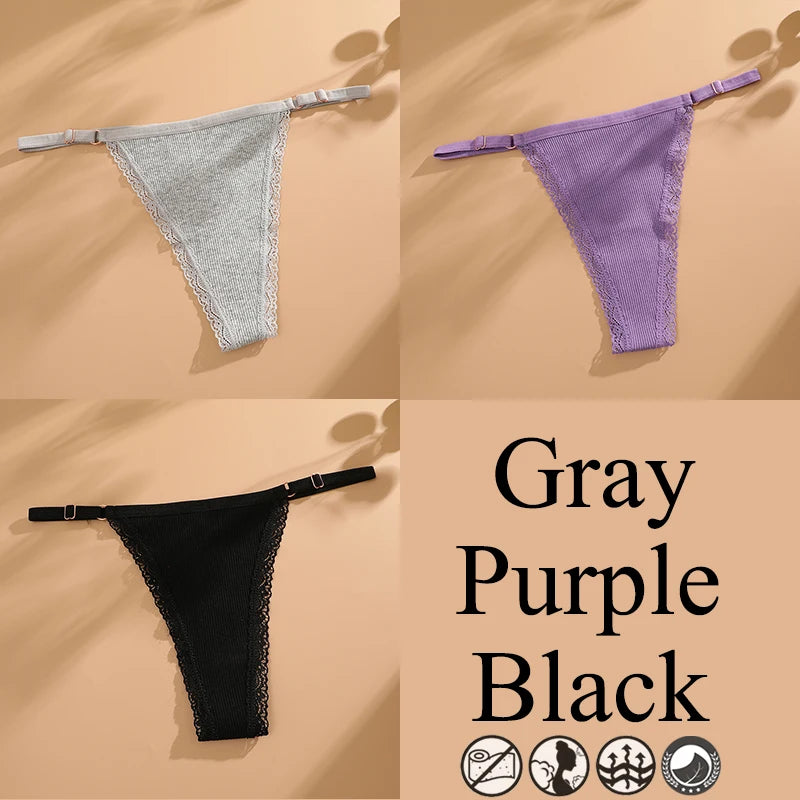 3Pcs G-String Cotton Lace Women Thongs Lingerie Low Rise Panties Adjustable Waistband Straps Hipster Underwear Female Intimates