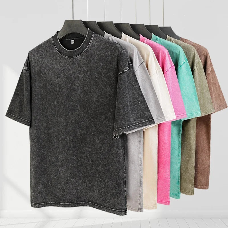Camiseta vintage lavada de talla grande, gruesa y pesada para hombre, camiseta informal de verano de manga corta, cuello redondo holgado, camisetas de algodón para mujer y hombre