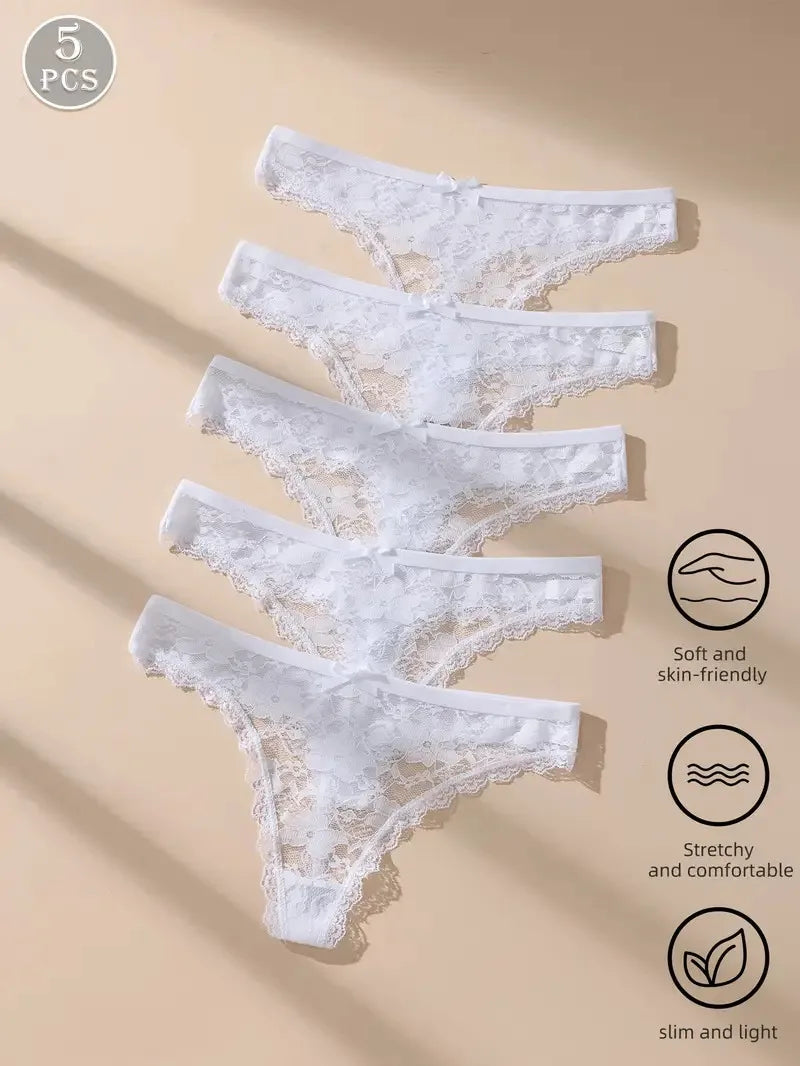 5Pcs Women Thongs Sexy Lace Panties Low Waist Underwear Girls Briefs G-String Breathable Ladies Panty White Female Lingerie S-XL