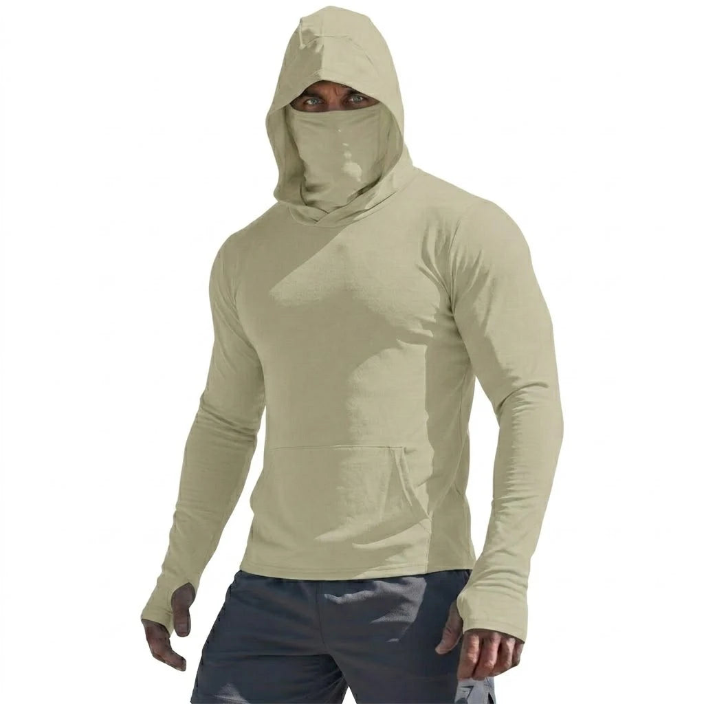 Camiseta de alto rendimiento con protección solar UPF50+, sudadera con capucha de manga larga para hombre, informal, de secado rápido, para correr, pescar, estilo jersey de seda fría