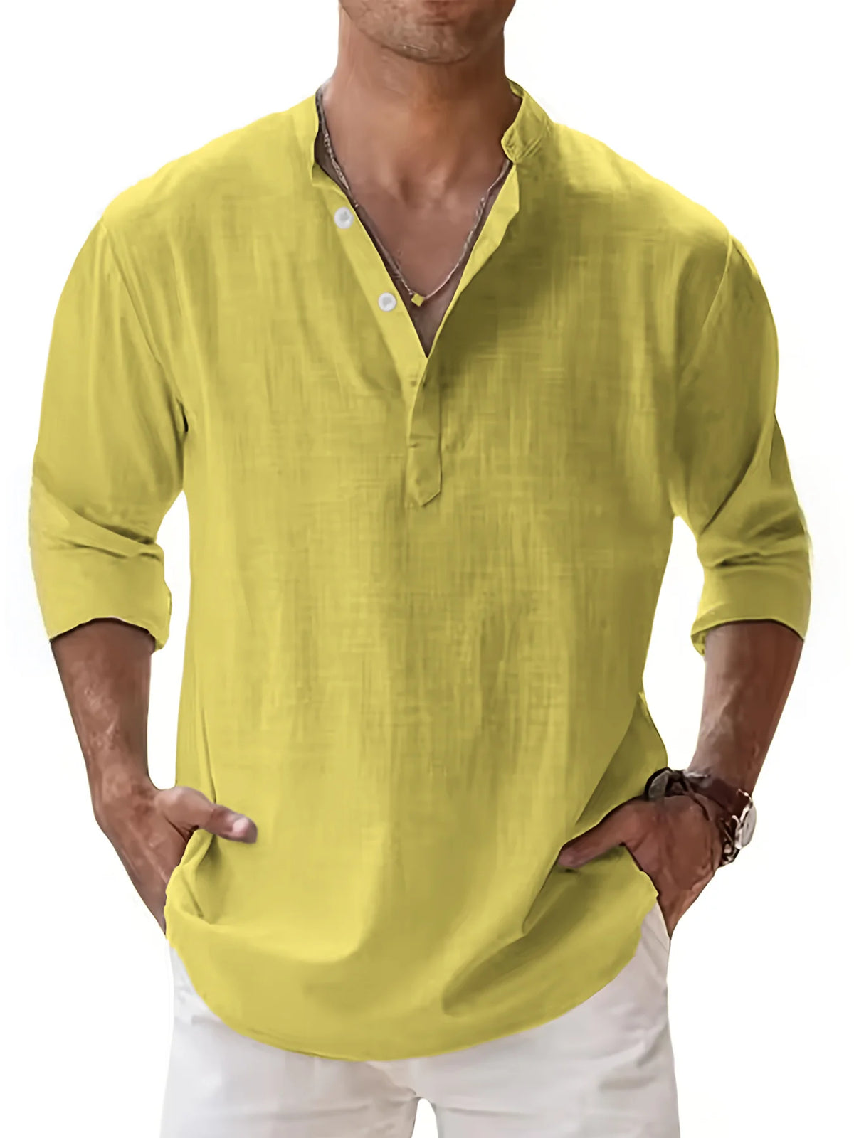 Camisa de manga larga con cuello henley y mezcla de lino para hombre, prenda superior casual de tapeta parcial transpirable para uso diario, vacaciones y playa