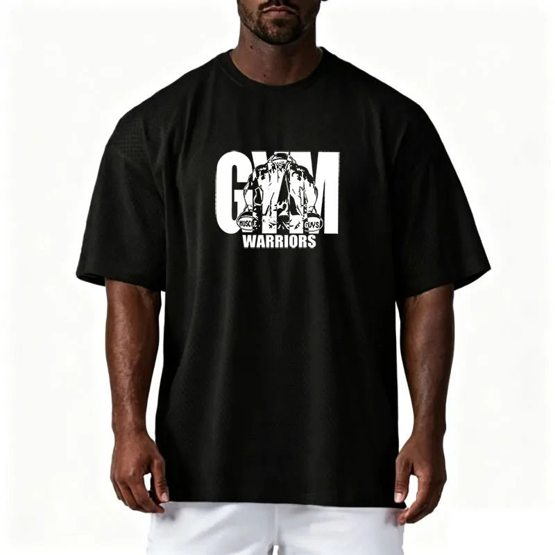 Camiseta deportiva casual de manga corta holgada de talla grande para hombre, gimnasio, culturismo, fitness, malla de verano de secado rápido, ropa transpirable