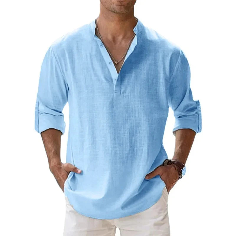Camisas de hombre estilo urbano, ligeras, de manga larga, tipo Henley, de algodón y lino, camisas hawaianas de playa, camisetas transpirables con cuello.