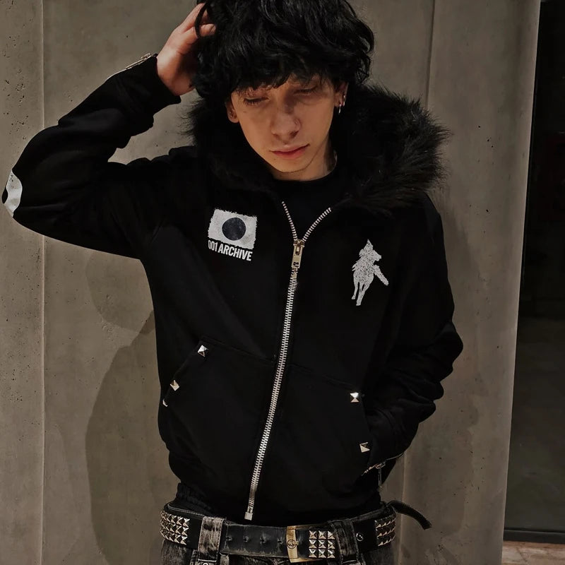 Chaqueta con capucha y cremallera, cárdigan con cuello de piel, estilo punk hip-hop rock oscuro, moda rock, versátil, estilo retro Y2K para otoño e invierno