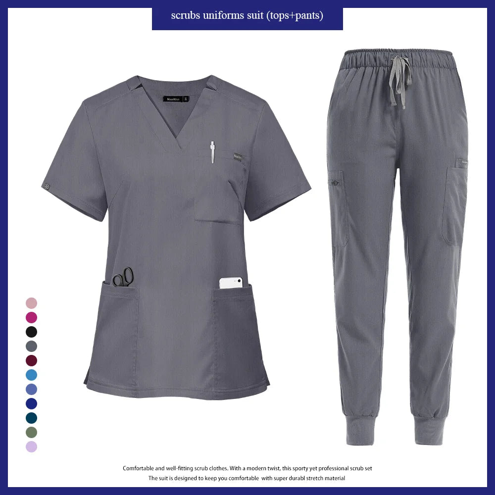 Niaahinn Nurse Accessories Medical Surgical Gowns Set Doctor Nurse Special Scrubs Uniform Solid Color Dentist Workwear Women Men