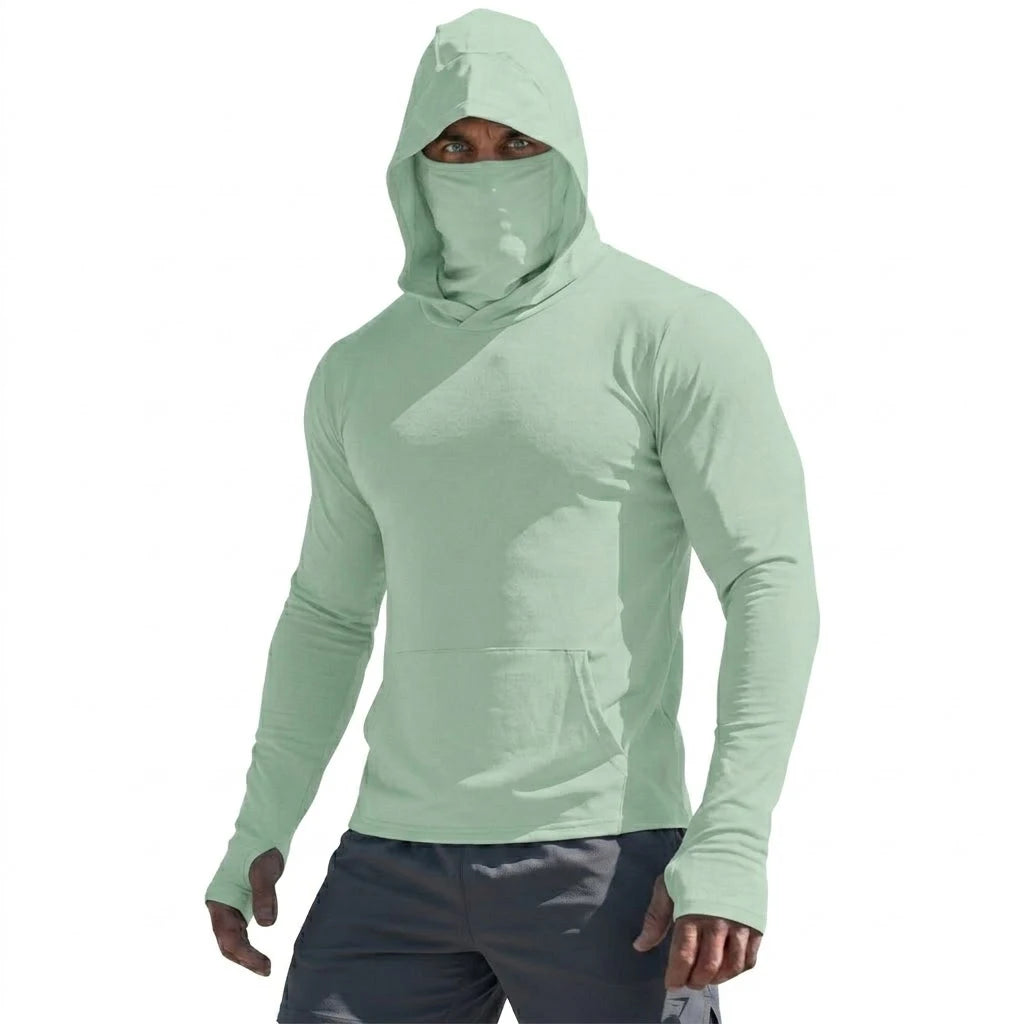 Camiseta de alto rendimiento con protección solar UPF50+, sudadera con capucha de manga larga para hombre, informal, de secado rápido, para correr, pescar, estilo jersey de seda fría