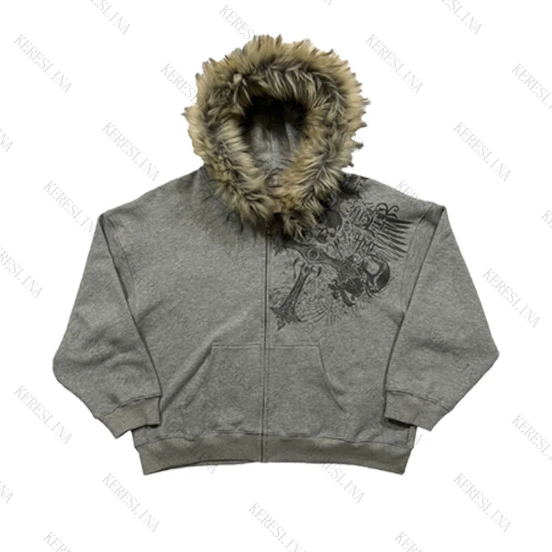 Chaqueta con capucha y cremallera, cárdigan con cuello de piel, estilo punk hip-hop rock oscuro, moda rock, versátil, estilo retro Y2K para otoño e invierno