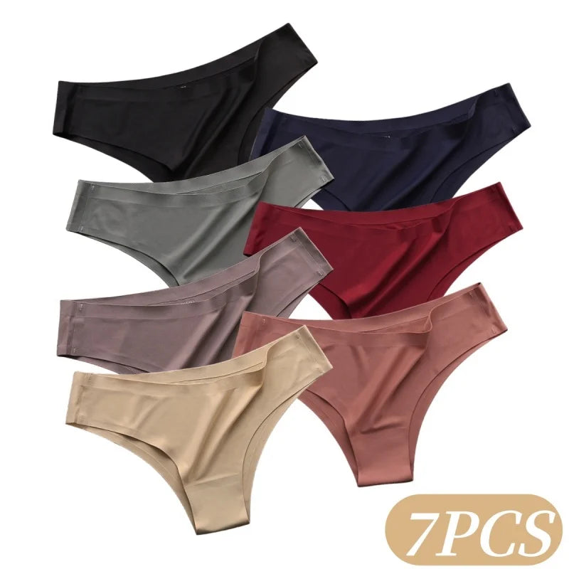 7Pcs/Set Women Ice Silk Brazilian Panties Seamless Low-Rise Briefs Solid Color Daily Underwear Ladies Soft No Show Lingerie M-XL