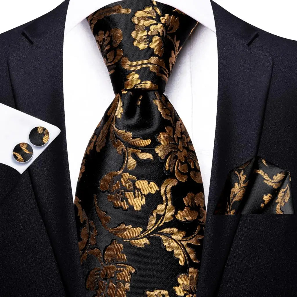 Black Floral Wedding Tie For Men Handky Cufflink Elegant Necktie For Men Fashion Designer Business Party Dropshiping silk