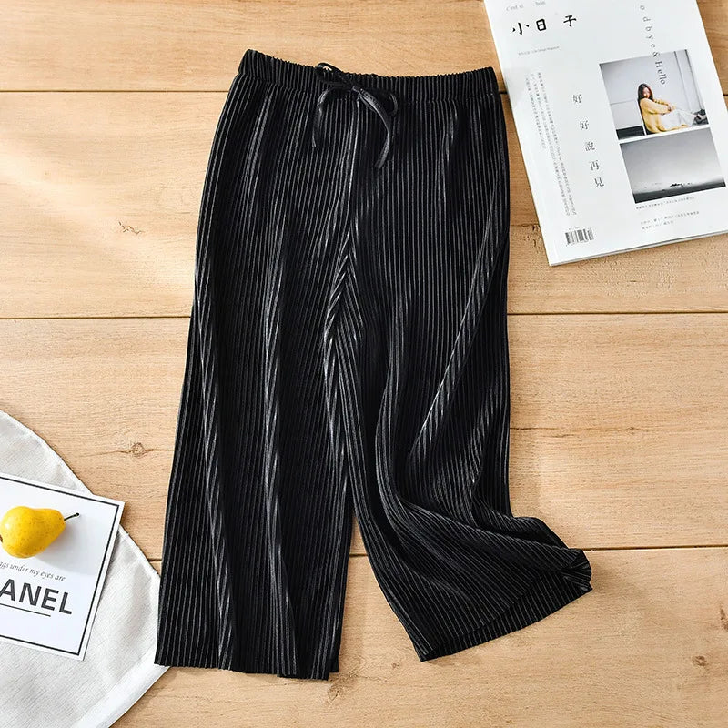 2-14Y Children's Pleated Wide Leg Pants 2024 Summer Teenage Girls Loose Casual Chiffon Ankle-length Pants Toddler Kids Trousers
