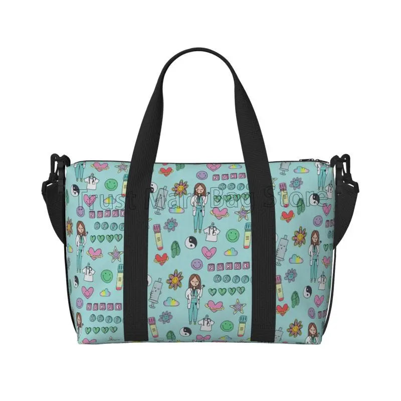 Nurse Medical Theme Travel Duffle Bag Carry on Tote Bags for Sport Gym Lightweight Waterproof Weekender Overnight Bags for Women