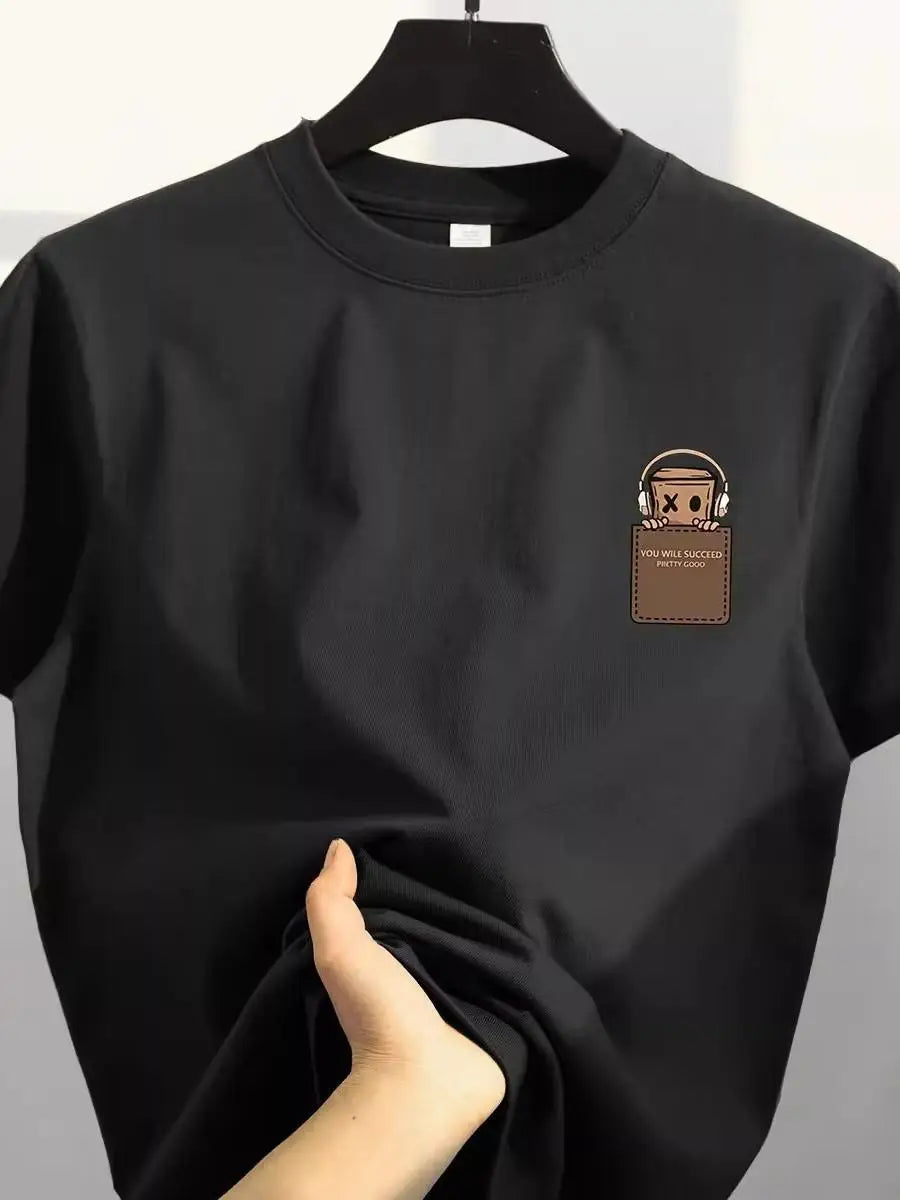 Camiseta de algodón puro con ajuste holgado retro, estilo casual, top de algodón estampado de estilo coreano para hombre, etiqueta cortada