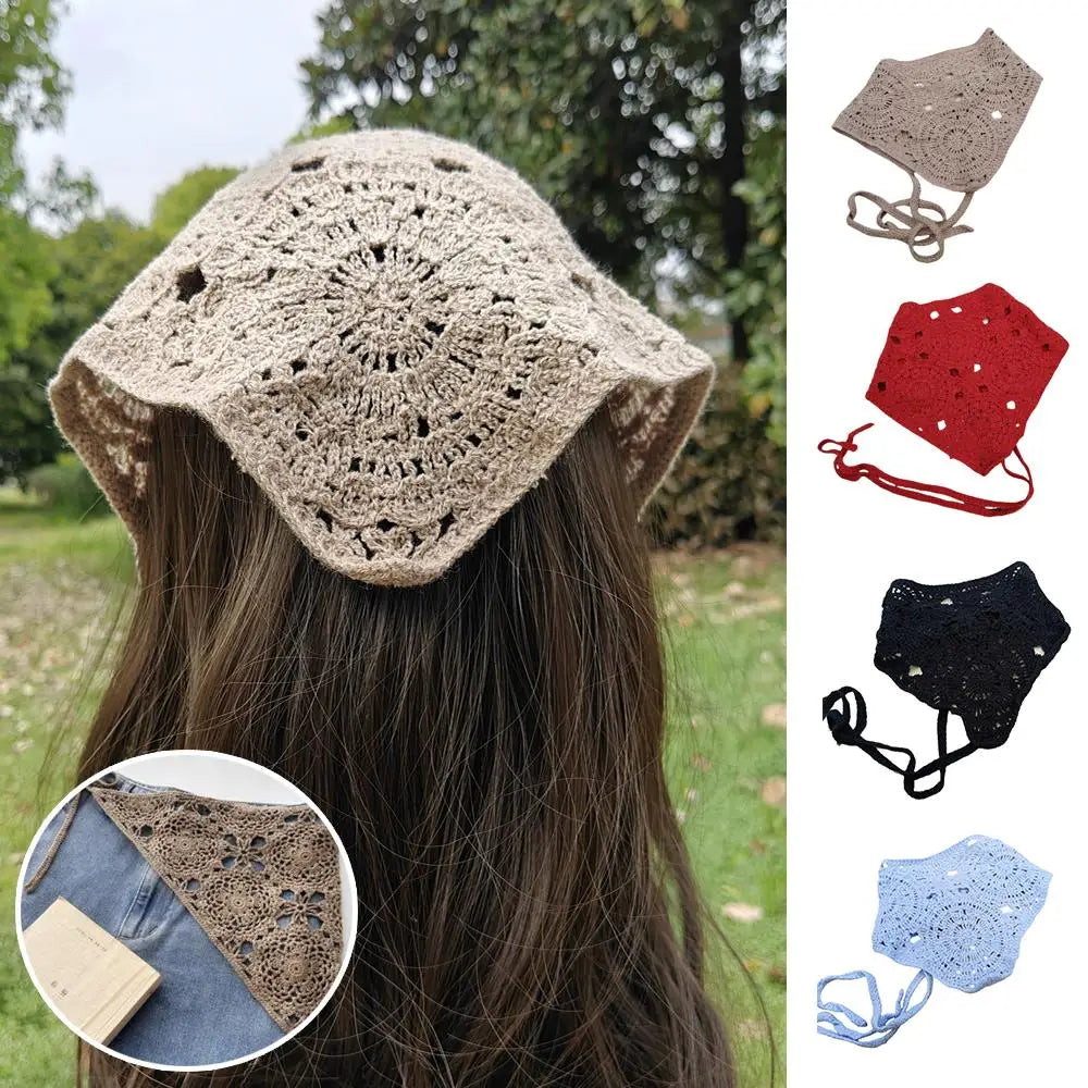 Knitted Headband Handmade Crochet Hair Scarf Hollow Out Triangle Headscarf Hair Accessories Sweet Vintage Soft Floral Bandana
