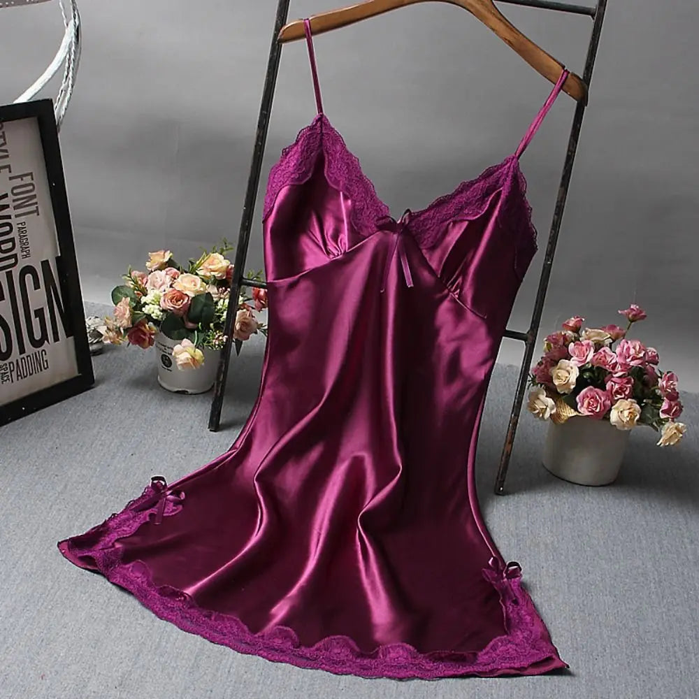 Cute Lace Camisola Patchwork Women's Nightgowns Silk Dress Bowknots Lingerie Nighty Women