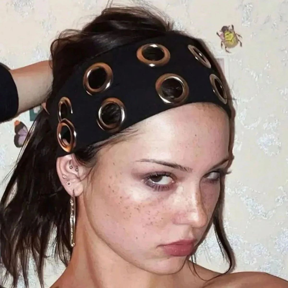 1PC Black Metal Eyelet Headband For Women Punk Rock Style Gold Grommet Hair Hoop Fashion Y2K Hair Accessory For Party&Streetwear
