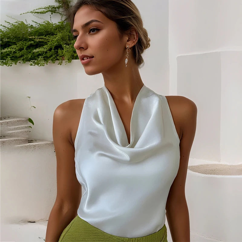 MUJER Satin Crop Top Woman Halter Backless Women's Tops off Shoulder Beach Tops for Women Camisole Sexy Tanks Camis Top Female