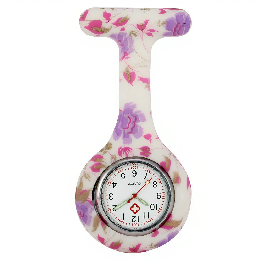 Fashion Women Flowers Patterned Printing Solid Silicone Pin Brooch Nurse Doctor Hospital FOB Hanging Clock Watch Pocket Watches