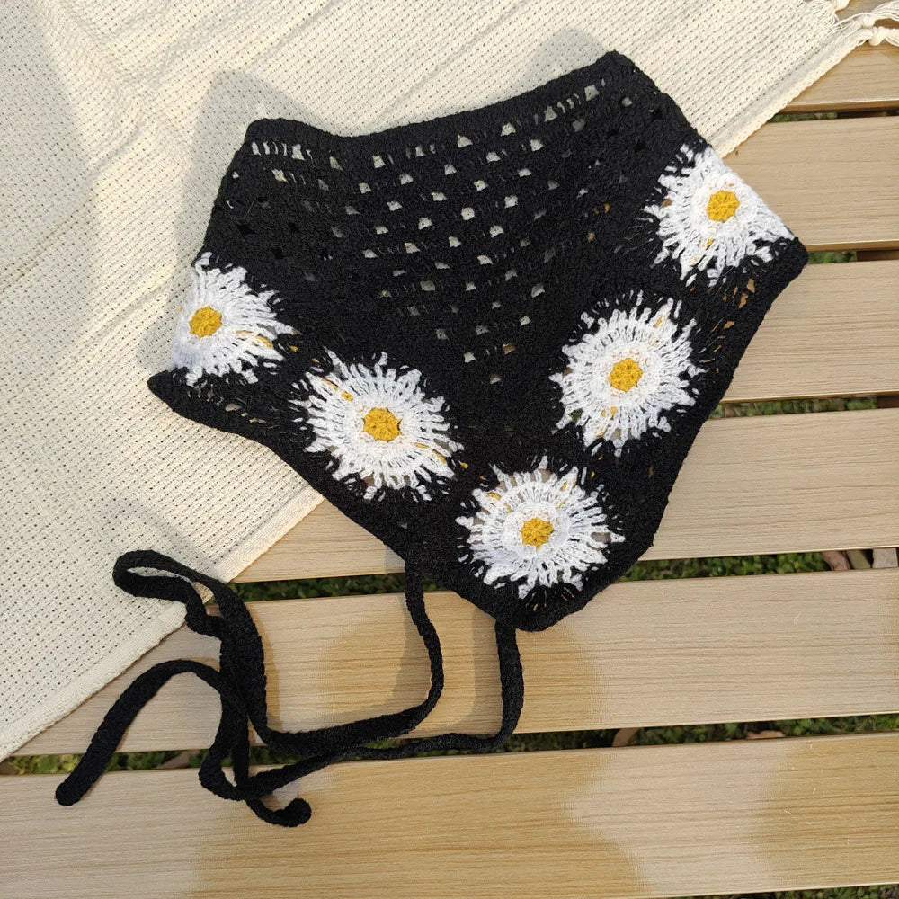 Knitted Headband Handmade Crochet Hair Scarf Hollow Out Triangle Headscarf Hair Accessories Sweet Vintage Soft Floral Bandana