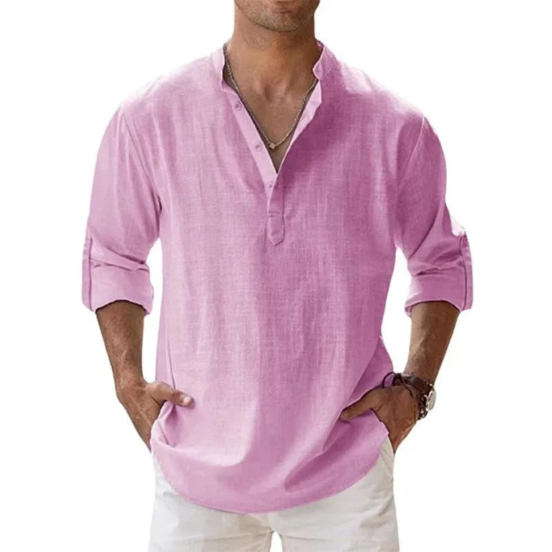 Nuevas camisas casuales para hombre, camisas Henley de manga larga ligeras de algodón, camisas de lino para playa, blusas hawaianas transpirables con cuello