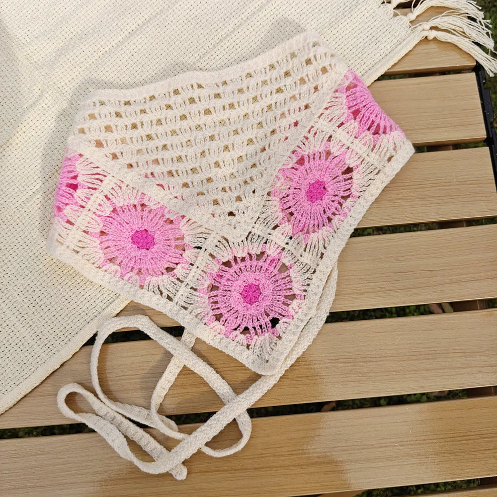 Knitted Headband Handmade Crochet Hair Scarf Hollow Out Triangle Headscarf Hair Accessories Sweet Vintage Soft Floral Bandana