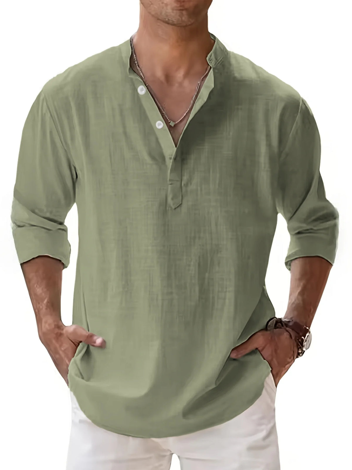 Camisa de manga larga con cuello henley y mezcla de lino para hombre, prenda superior casual de tapeta parcial transpirable para uso diario, vacaciones y playa