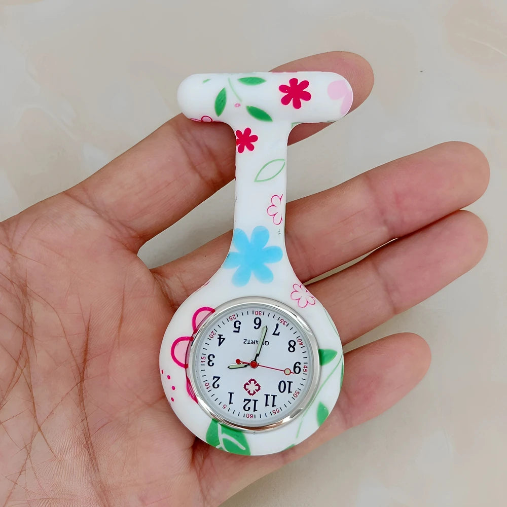 Fashion Women Flowers Patterned Printing Solid Silicone Pin Brooch Nurse Doctor Hospital FOB Hanging Clock Watch Pocket Watches