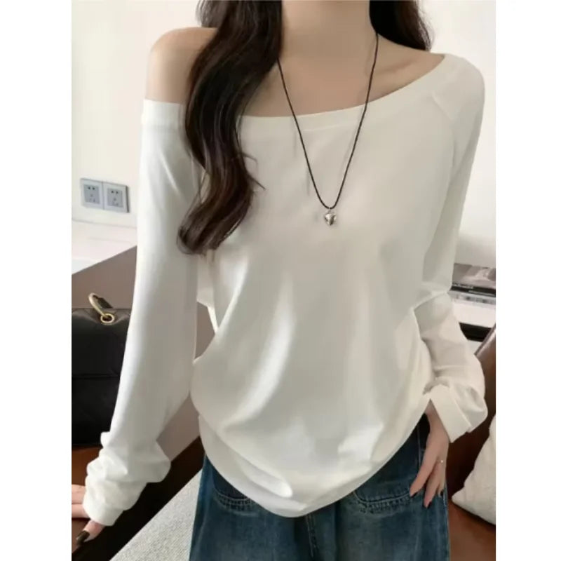 Camiseta Oversize de Manga Larga con Hombros Descubiertos para Mujer, Blusa Lisa Informal de Primavera Otoño, Estilo Coreano Juvenil