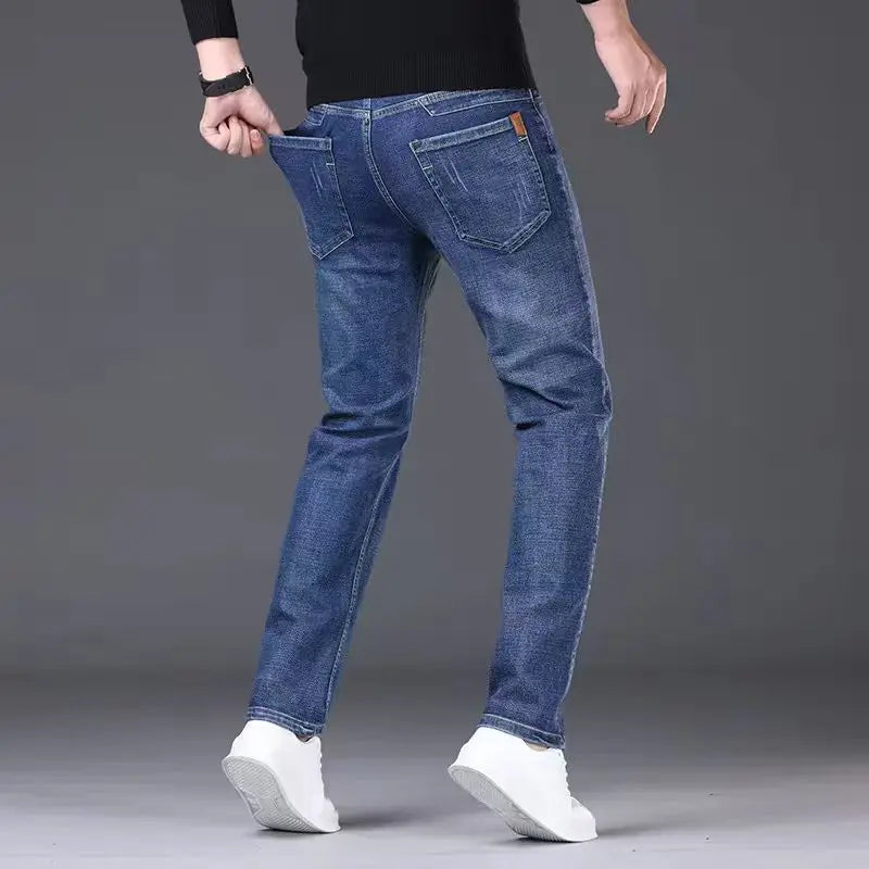 Men's jeans, casual straight leg, elastic, fashionable, classic, blue and black work denim pants, men's brand clothing