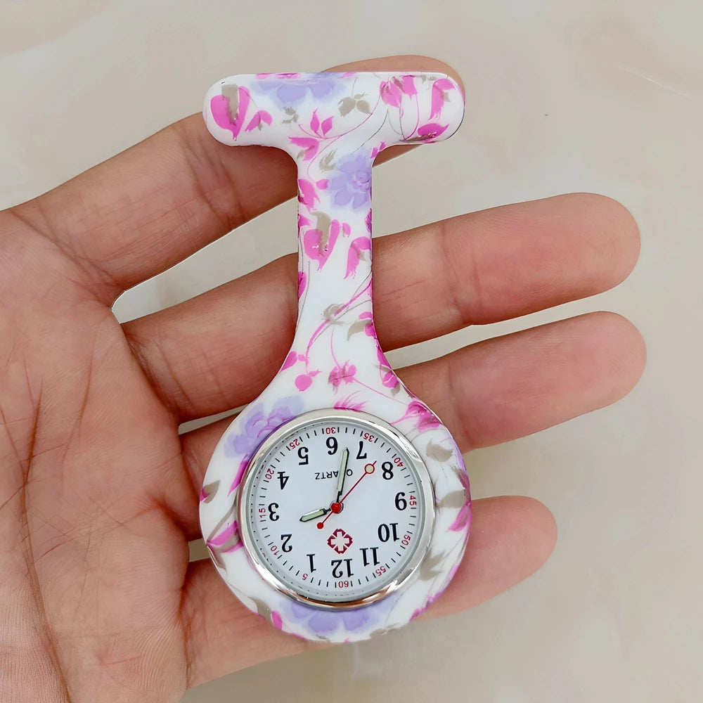 Fashion Women Flowers Patterned Printing Solid Silicone Pin Brooch Nurse Doctor Hospital FOB Hanging Clock Watch Pocket Watches