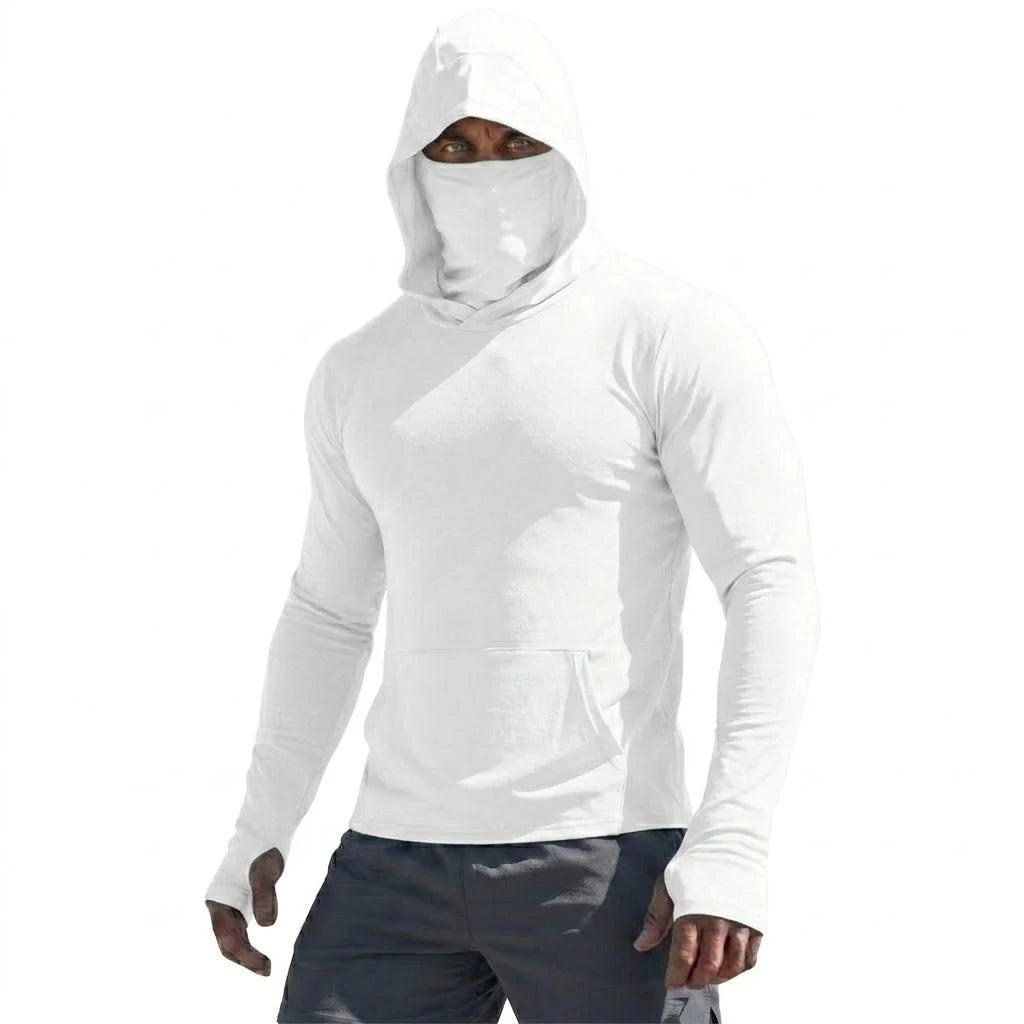 Camiseta de alto rendimiento con protección solar UPF50+, sudadera con capucha de manga larga para hombre, informal, de secado rápido, para correr, pescar, estilo jersey de seda fría