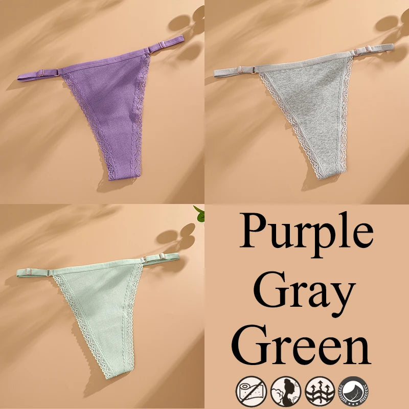 3Pcs G-String Cotton Lace Women Thongs Lingerie Low Rise Panties Adjustable Waistband Straps Hipster Underwear Female Intimates