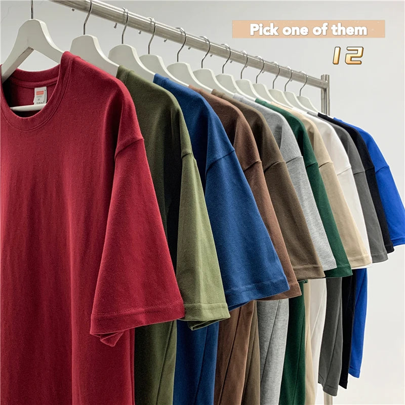 Summer Men's Heavy T Shirt Casual Solid Short Sleeve Basic Tee Women 100% Cotton 260gsm 9.17oz Oversized O Neck Hip-Hop Tops