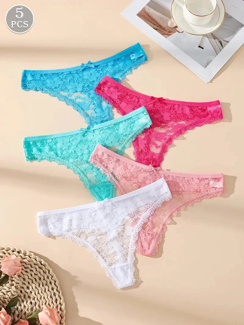 5Pcs Women Thongs Sexy Lace Panties Low Waist Underwear Girls Briefs G-String Breathable Ladies Panty White Female Lingerie S-XL