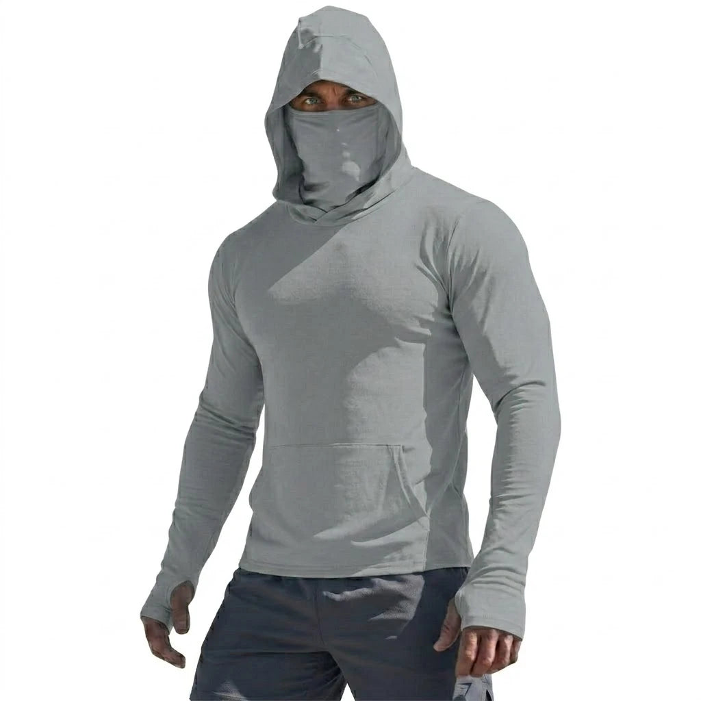 Camiseta de alto rendimiento con protección solar UPF50+, sudadera con capucha de manga larga para hombre, informal, de secado rápido, para correr, pescar, estilo jersey de seda fría