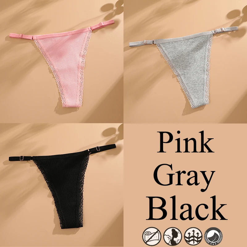 3Pcs G-String Cotton Lace Women Thongs Lingerie Low Rise Panties Adjustable Waistband Straps Hipster Underwear Female Intimates